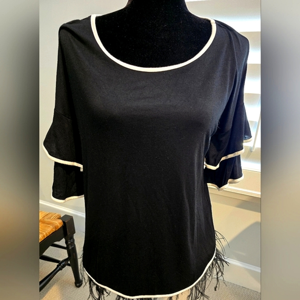 Cable and Gauge Black Ruffle Sleeve Top